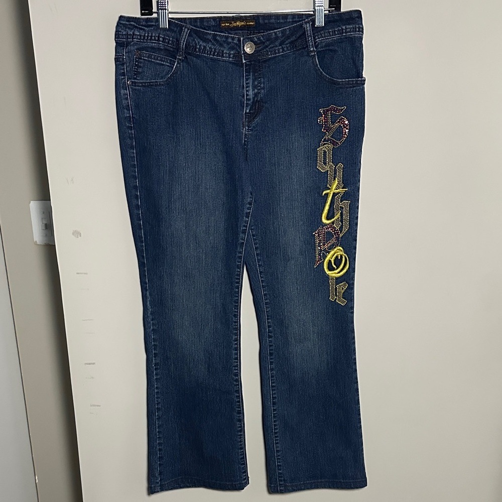 South Pole Women's vintage Dark Blue red  stitching and gold Flare Jeans